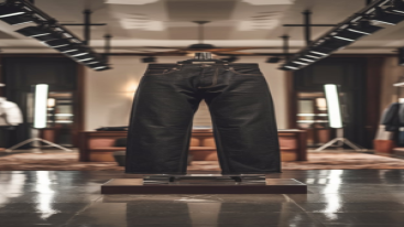 Black tailored-fit jeans presented in a minimalist showroom