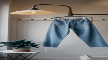 Hanging relaxed-fit blue jeans with industrial-style lighting and a plant