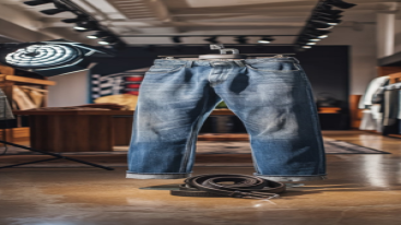Single pair of stonewashed jeans with belt displayed on a mannequin