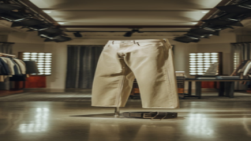 Classic khaki jeans displayed with a belt in a high-end fashion showroom