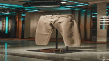 Khaki slim-fit jeans with a rolled hem showcased in a studio with spotlights