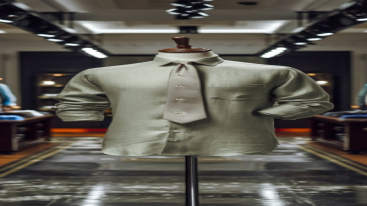 Olive green formal shirt paired with a matching tie in a luxurious setting