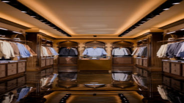 Central showcase of luxury dress shirts surrounded by elegant interiors in a boutique