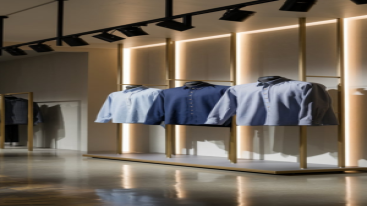 Three shirts on mannequins in a contemporary store with formal attire
