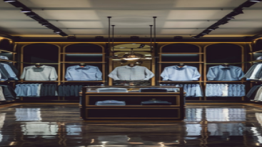 Central showcase with a formal blue shirt, surrounded by elegant decor and accessories