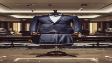 Mannequin showcasing a tailored navy-blue formal suit in a luxury office