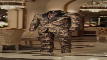 Black and gold patterned party suit with satin lapels on display