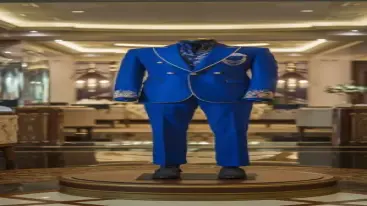Royal blue formal suit with gold embellishments and ornate details on display