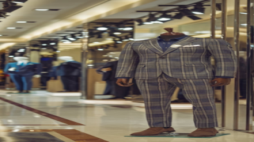Mannequin wearing a plaid suit in a luxury retail space