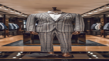 Gray plaid suit on a mannequin in a showroom