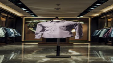 Stylish display of a polyester formal dress shirt with modern lighting.