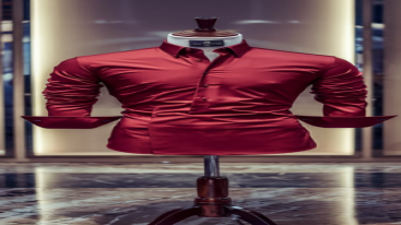 Red dress shirt hanging in a well-lit wardrobe display