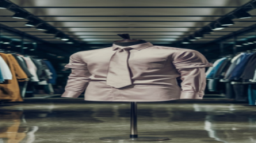 Pink silk dress shirt with rolled-up sleeves and a tie on display