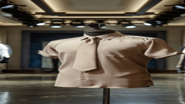 Light beige short-sleeve silk shirt with a matching tie on a mannequin