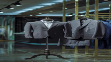 Gray formal suit and matching jacket displayed in a modern boutique.