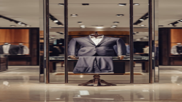 Classic navy blue formal suit on display in a high-end boutique.