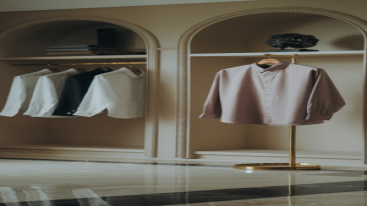Shelf display of spring shirts in various light colors for men