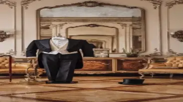 Elegant black tailcoat suit with a bowtie and white shirt, placed in a vintage interior