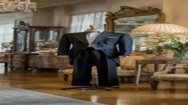 classic black tailcoat suit with white accents, displayed in an elegant room