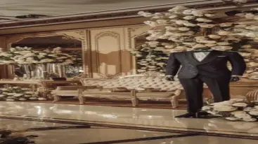 Black tuxedo with satin lapels and bowtie, surrounded by floral decorations